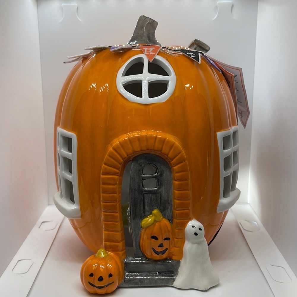 Mr. Halloween ceramic light up pumpkin. Battery operated and hand painted